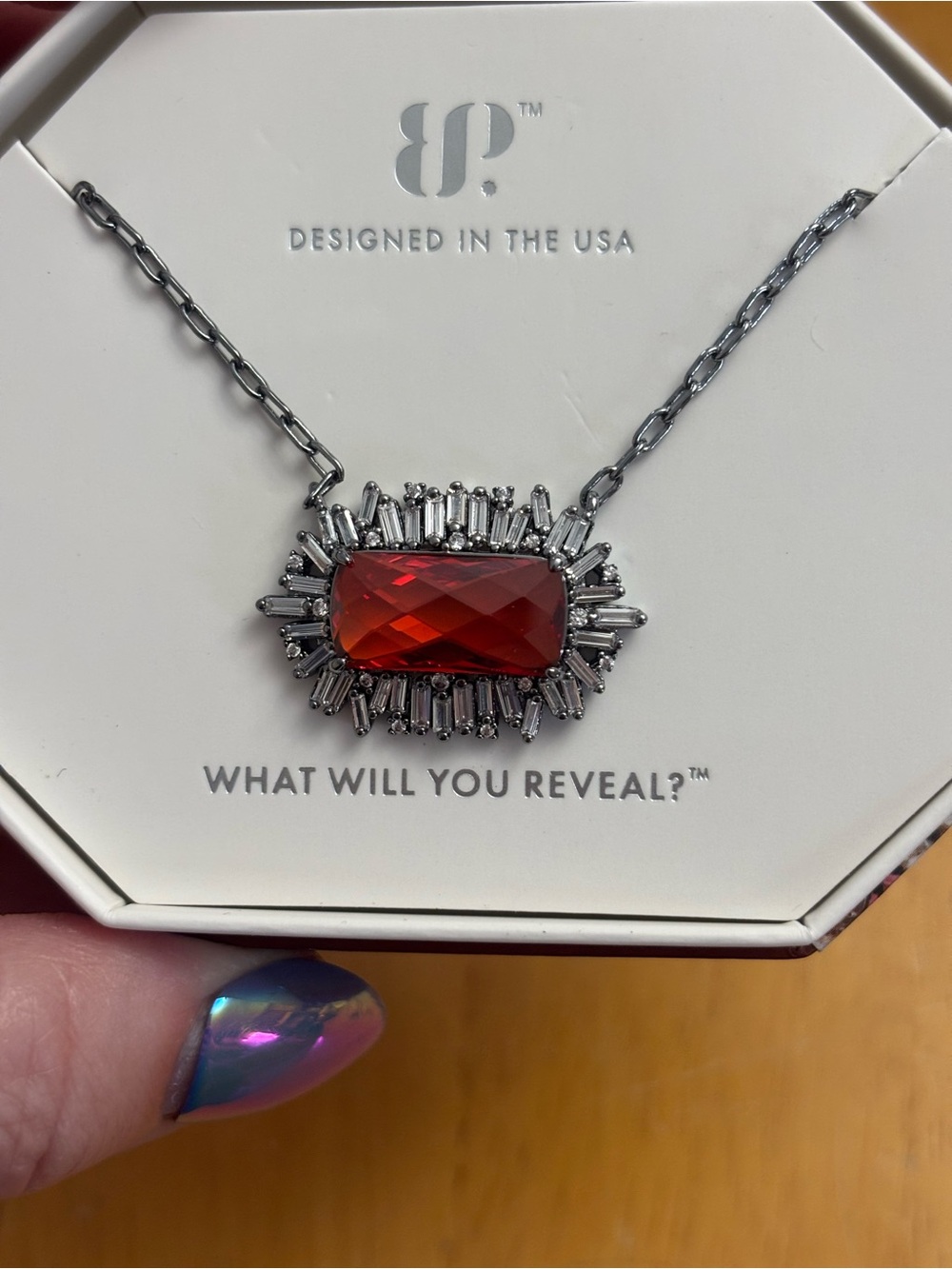 Red Crystal Halo Pendant Necklace by B?™ - Faceted Rectangular Gem